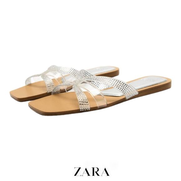 ZARA | Transparent | RHINESTONE FLAT VINYL SANDALS - Picture 1 of 11